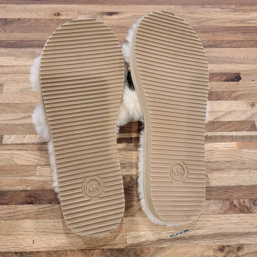 Michael Kors Scarlett Chain Cozy Faux Fur Slippers in camel multi color